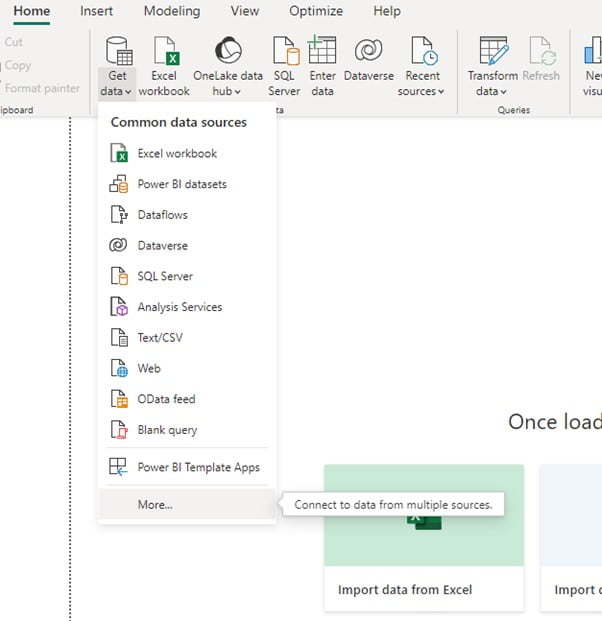 Screenshot of PowerBI adding data sources