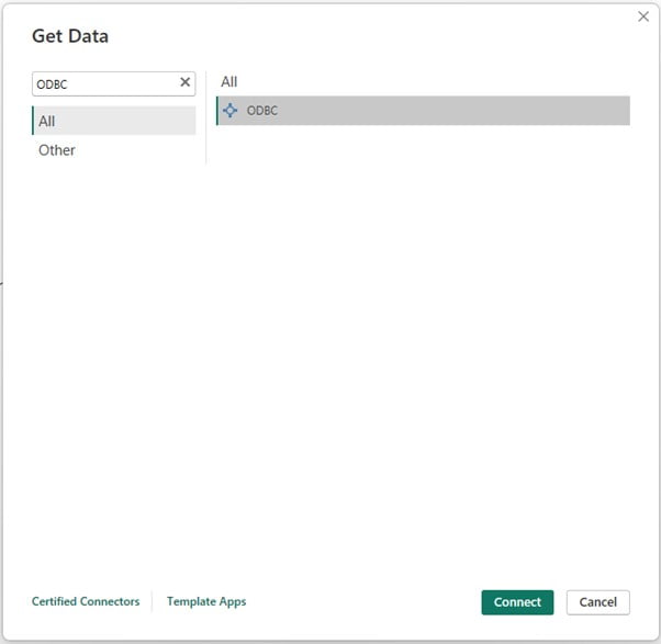 Screenshot of PowerBI, selecting ODBC as data source