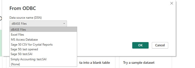 Screenshot, selecting the Sage 50 Database as OBDC data source in PowerBI