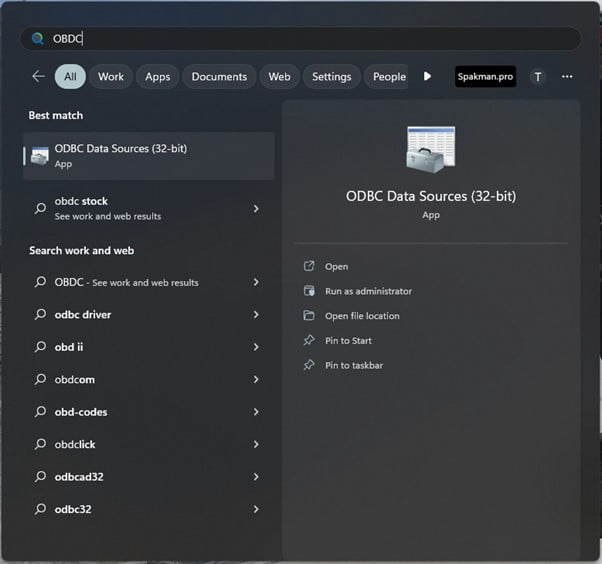 Screenshot of windows startmenu searching for the ODBC tool