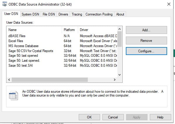 Screenshot of editing the Sage 50 OBDC DSN's in the windows ODBC manager.