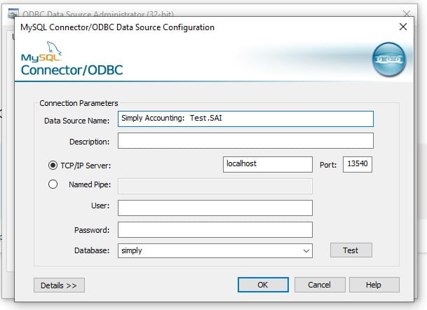 Screenshot of editing the OBDC driver settings to connect PowerBI to the Sage 50 database