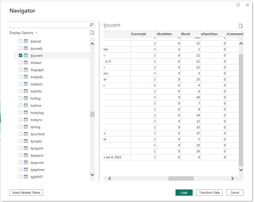 Screenshot of the PowerBI database navigator showing the contents of the Sage 50 database.