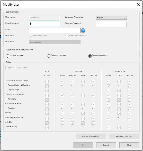 Screenshot of SAGE50 Giving third party app access to Sage via ODBC